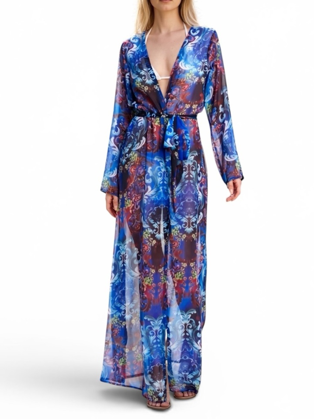 Kendall + Kylie Blue Floral Paisley Sheer Maxi Kimono Robe Cover-Up Size Large